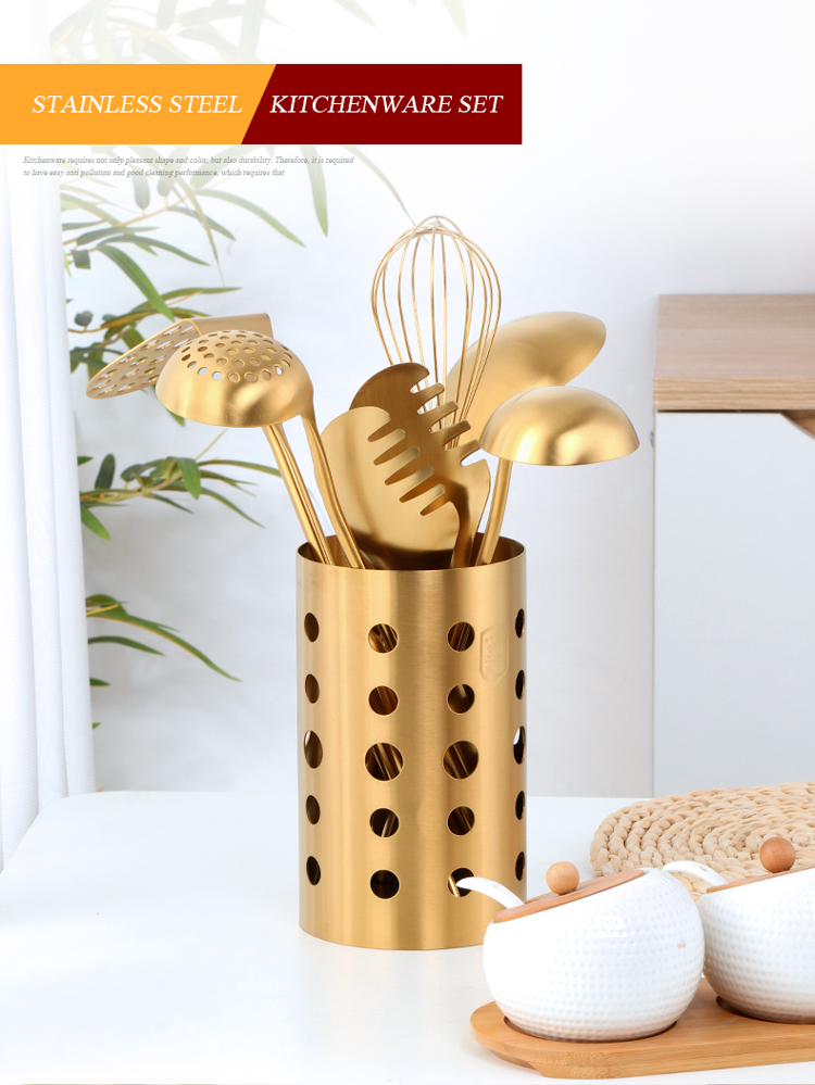 1/7pc Stainless Steel Kitchen Utensils Chopsticks Tube Soup Ladle Colander Set Gold Cooking Tool Set Egg Stirrer Kitchenware Set