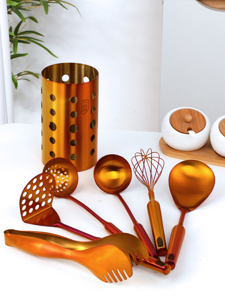 1/7pc Stainless Steel Kitchen Utensils Chopsticks Tube Soup Ladle Colander Set Gold Cooking Tool Set Egg Stirrer Kitchenware Set