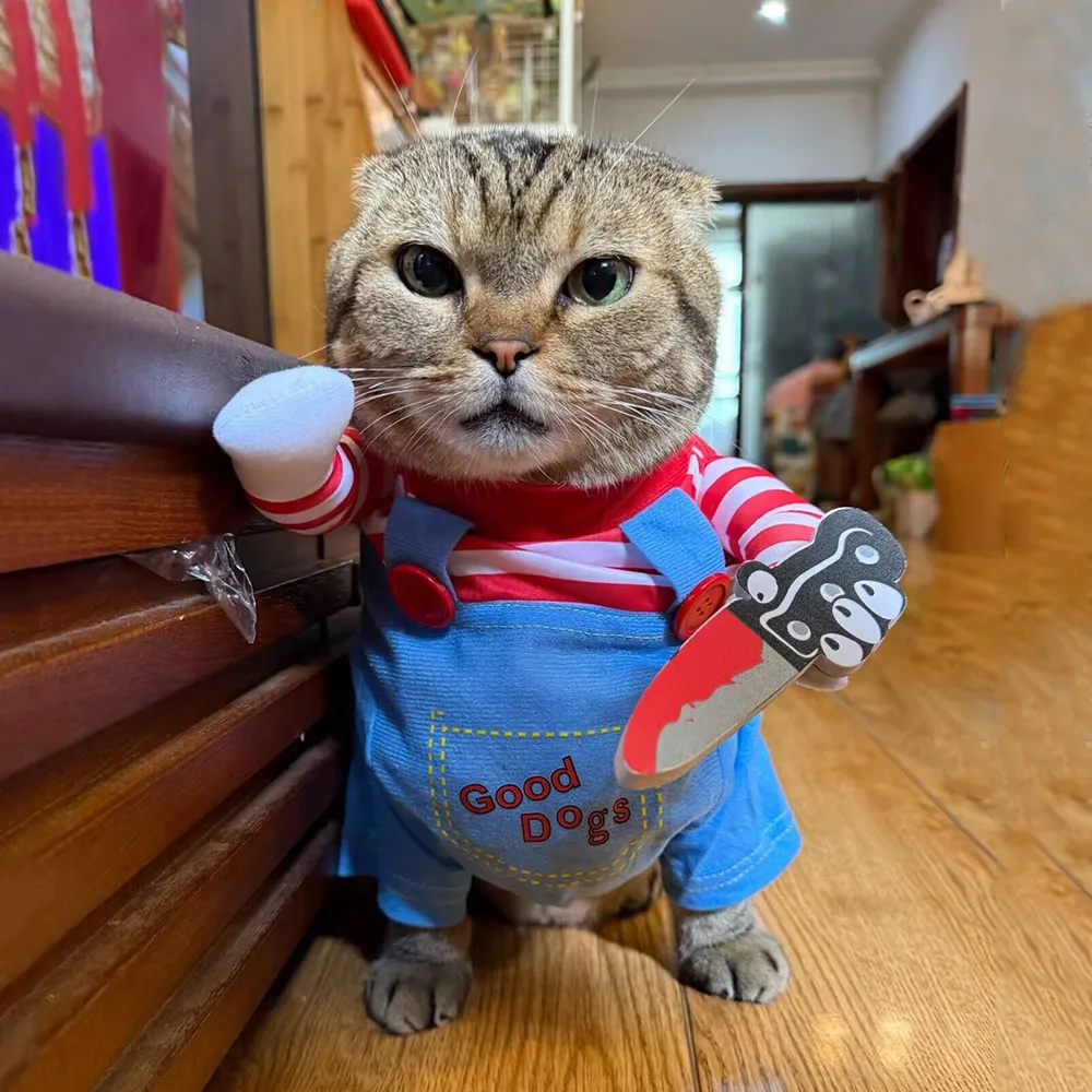 Funny Cat Clothes with Toy Knife Cute & Scary Pet Costume for Kittens Small Cats Dogs Halloween Cosplay Outfit Party Photo Props