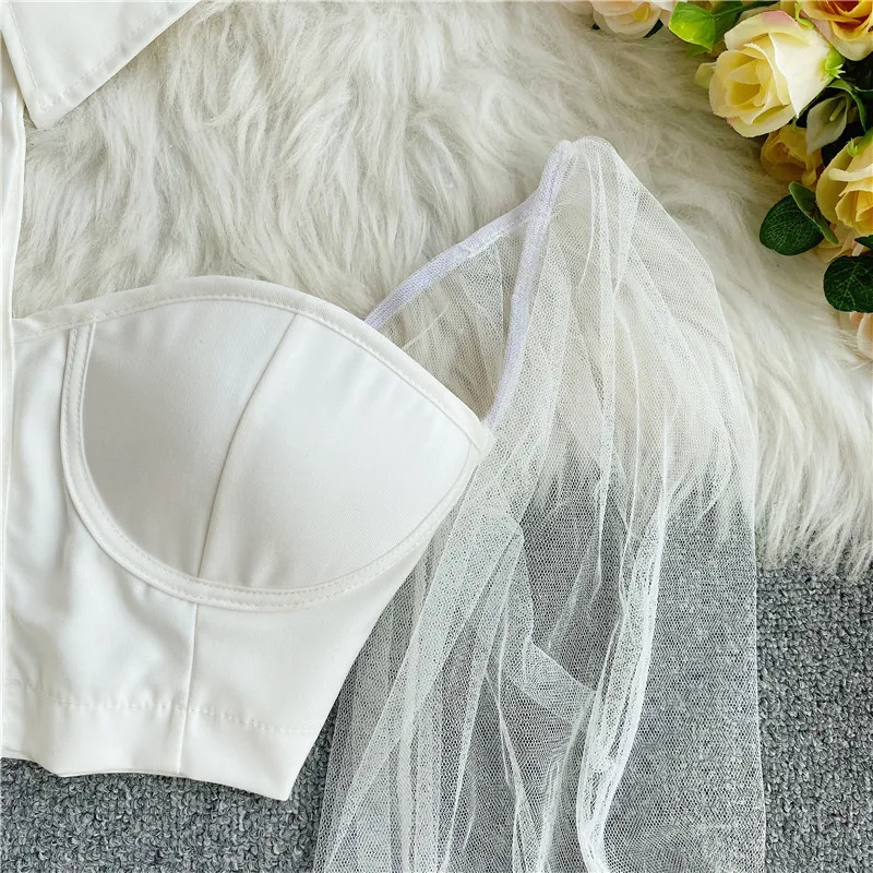 Autumn Sexy Cropped Tops for Women Off-shoulder Mesh Patchwork Sheer Female Corset Top Ladies Halter Skinny Blouses Dropshipping