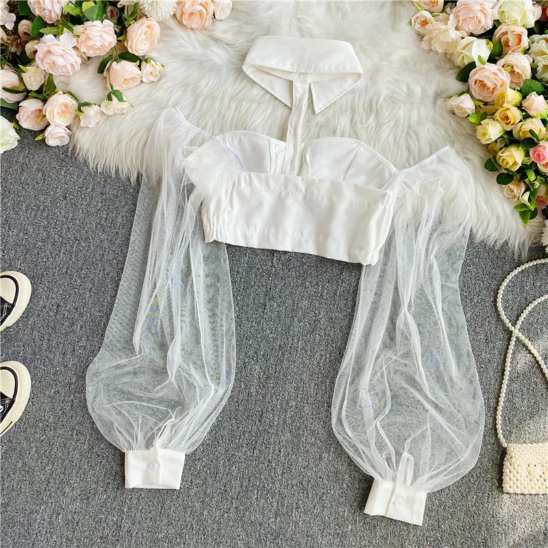 Autumn Sexy Cropped Tops for Women Off-shoulder Mesh Patchwork Sheer Female Corset Top Ladies Halter Skinny Blouses Dropshipping