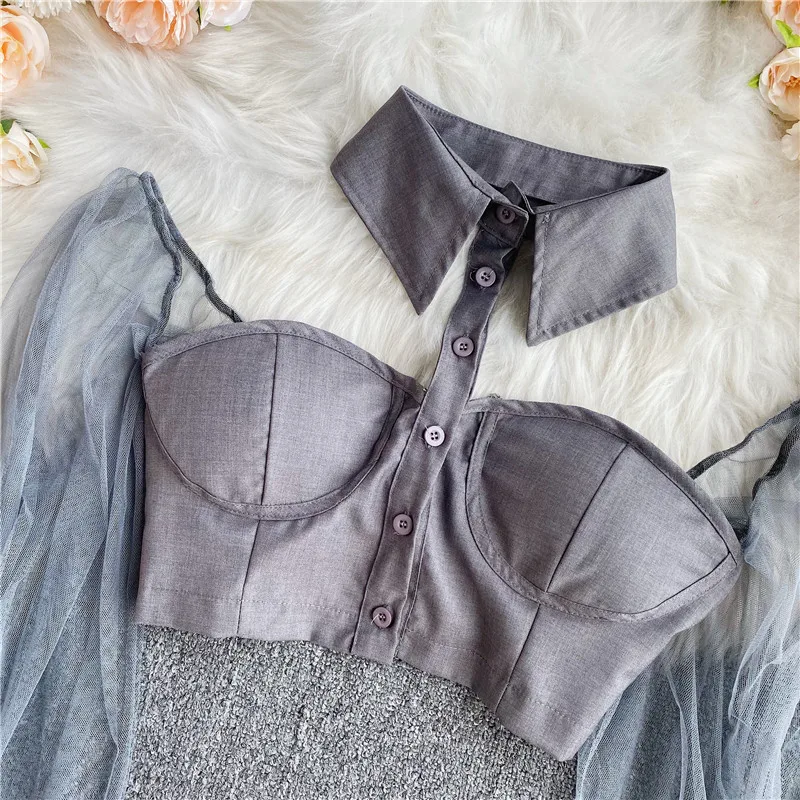 Autumn Sexy Cropped Tops for Women Off-shoulder Mesh Patchwork Sheer Female Corset Top Ladies Halter Skinny Blouses Dropshipping