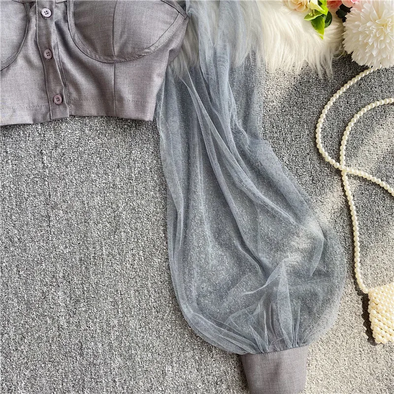 Autumn Sexy Cropped Tops for Women Off-shoulder Mesh Patchwork Sheer Female Corset Top Ladies Halter Skinny Blouses Dropshipping
