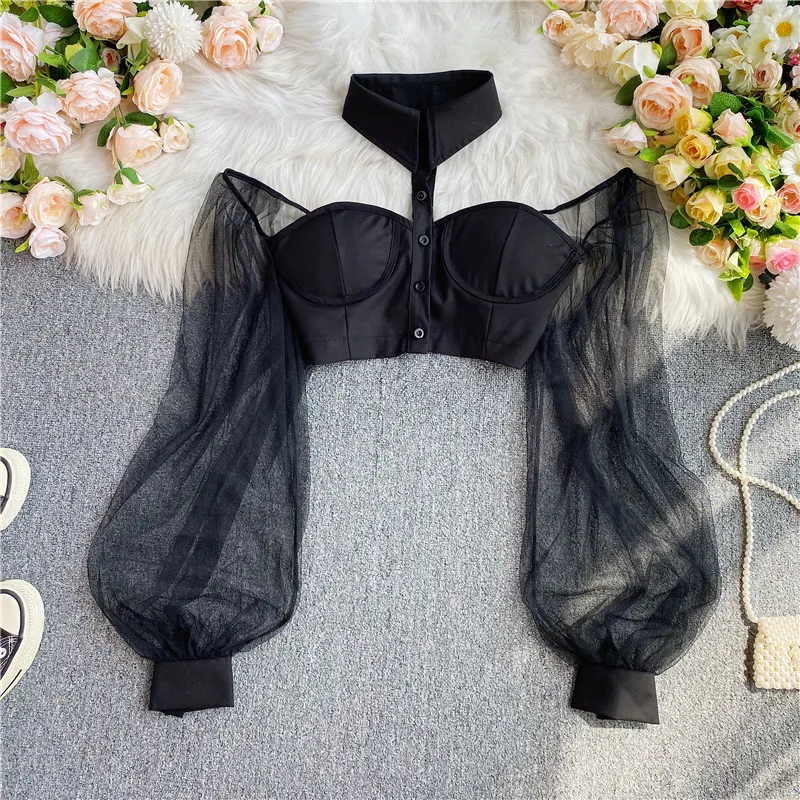 Autumn Sexy Cropped Tops for Women Off-shoulder Mesh Patchwork Sheer Female Corset Top Ladies Halter Skinny Blouses Dropshipping