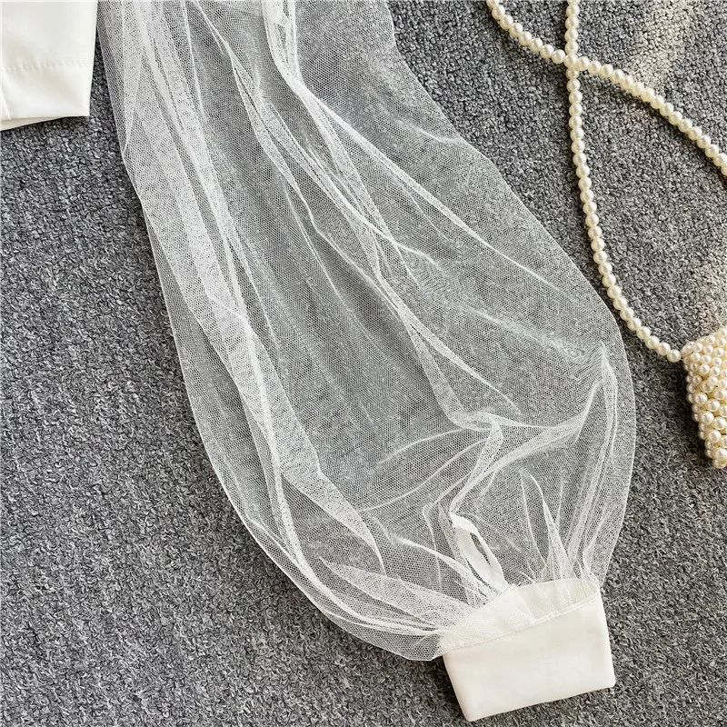 Autumn Sexy Cropped Tops for Women Off-shoulder Mesh Patchwork Sheer Female Corset Top Ladies Halter Skinny Blouses Dropshipping