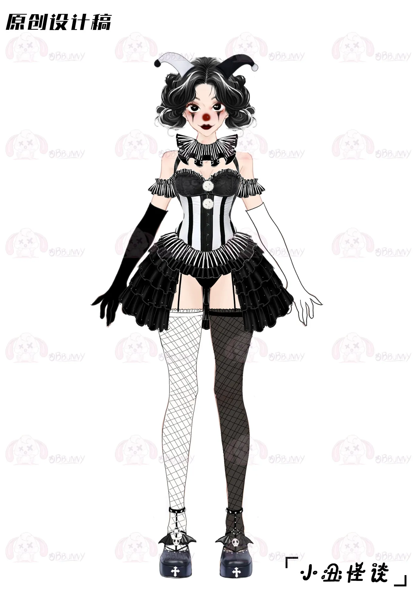 Black White Striped Clown Corset Dress Gothic Halloween Cosplay Costume with Ruffle Skirt