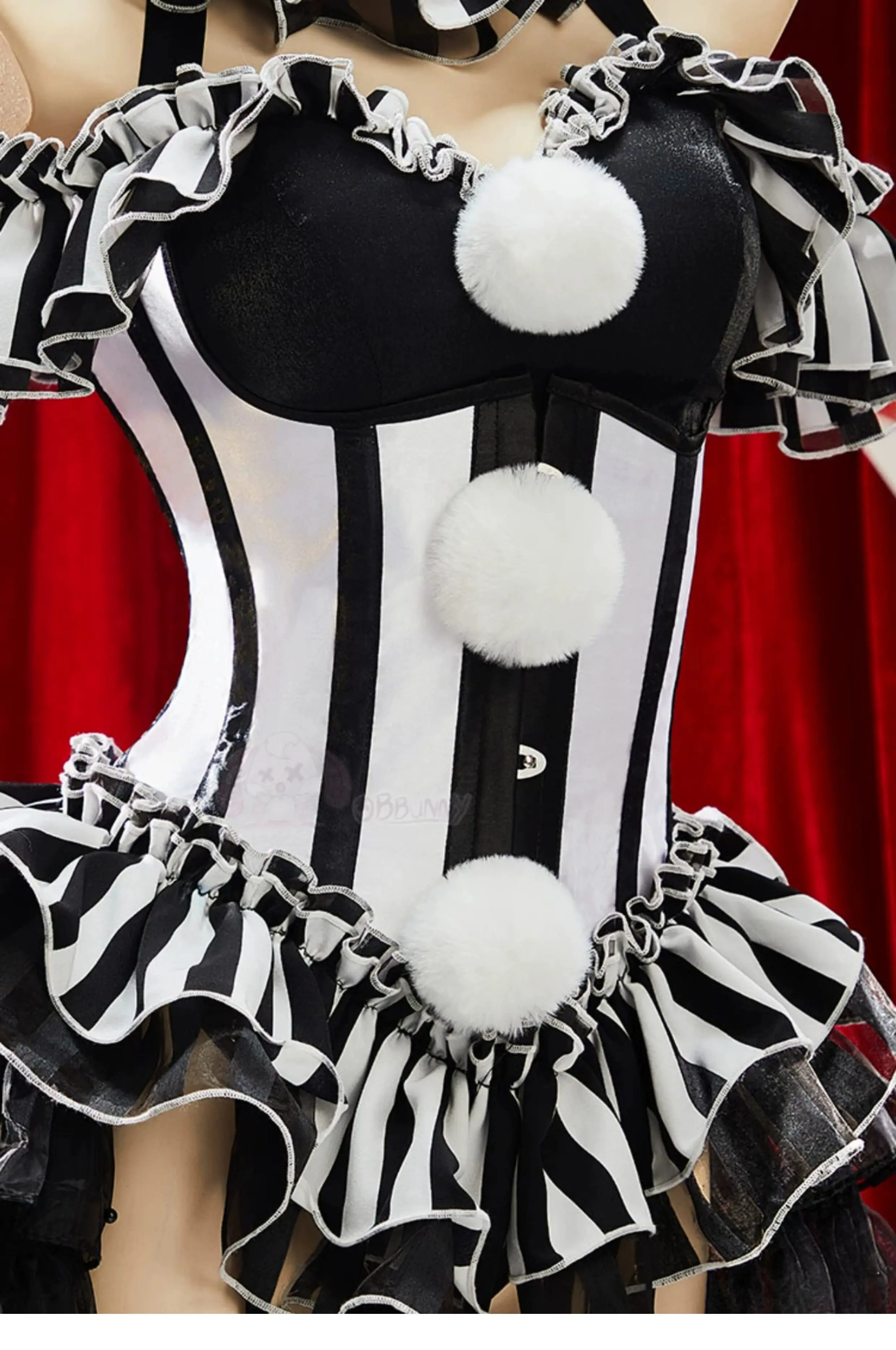 Black White Striped Clown Corset Dress Gothic Halloween Cosplay Costume with Ruffle Skirt
