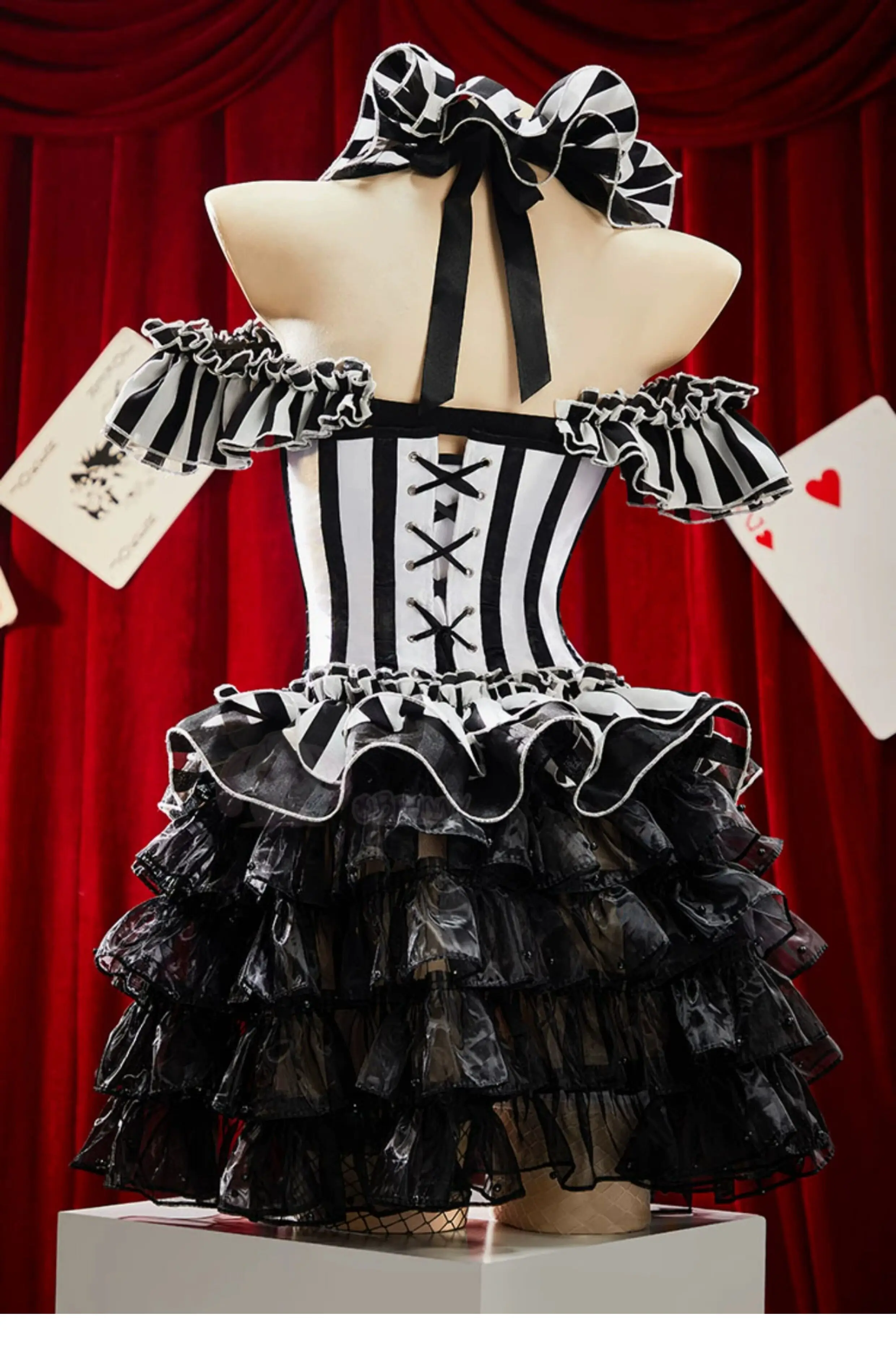 Black White Striped Clown Corset Dress Gothic Halloween Cosplay Costume with Ruffle Skirt