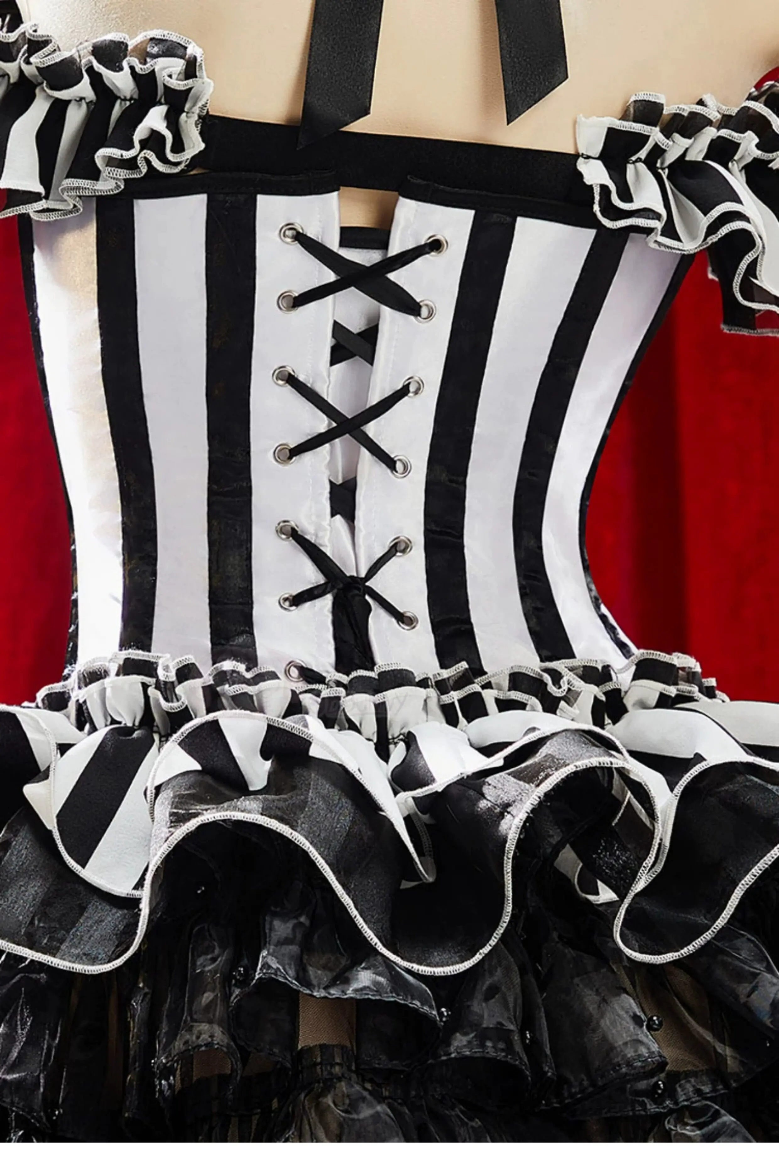 Black White Striped Clown Corset Dress Gothic Halloween Cosplay Costume with Ruffle Skirt