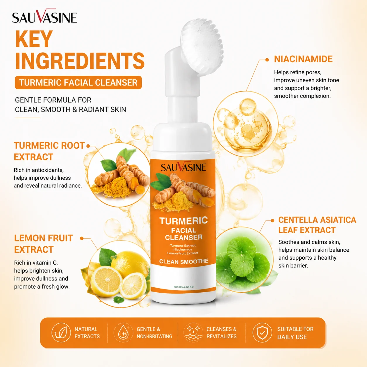 1/3/5pcs Turmeric Foaming Facial Cleanser, Face Wash with Turmeric Extract Niacinamide & Lemon Fruit Extract, Gently Removes Dir