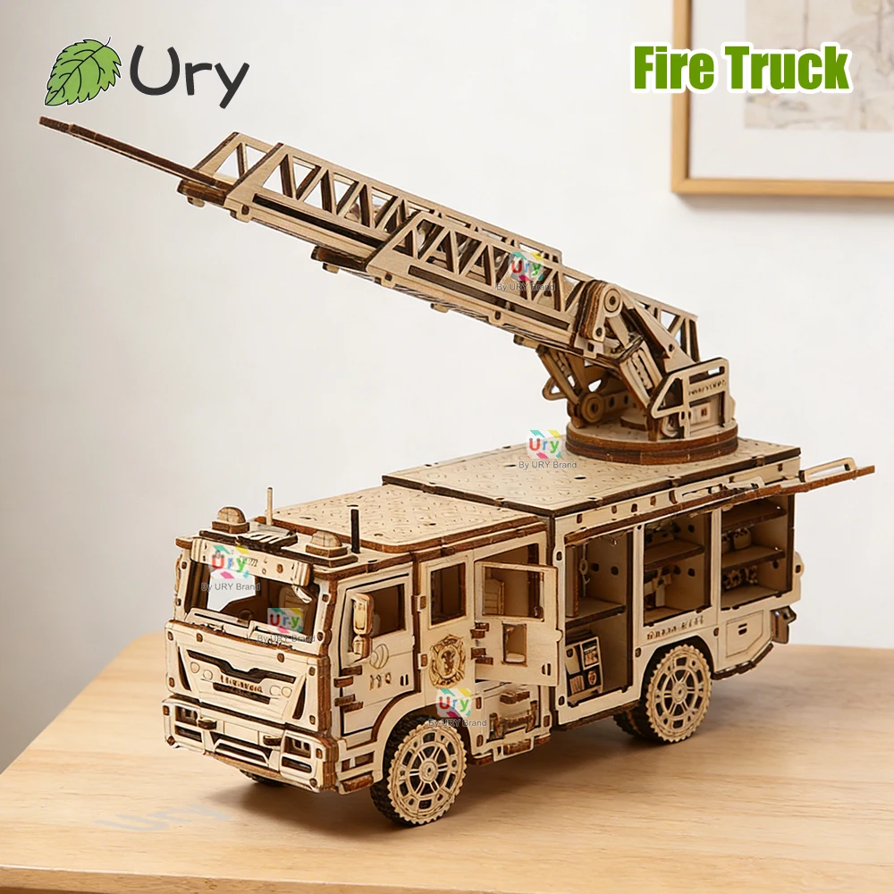 Ury 3D Wooden Puzzle City Series Car Fire Ladder Truck Movable Retro Vehicle Assembly Model DIY Decoration Gift