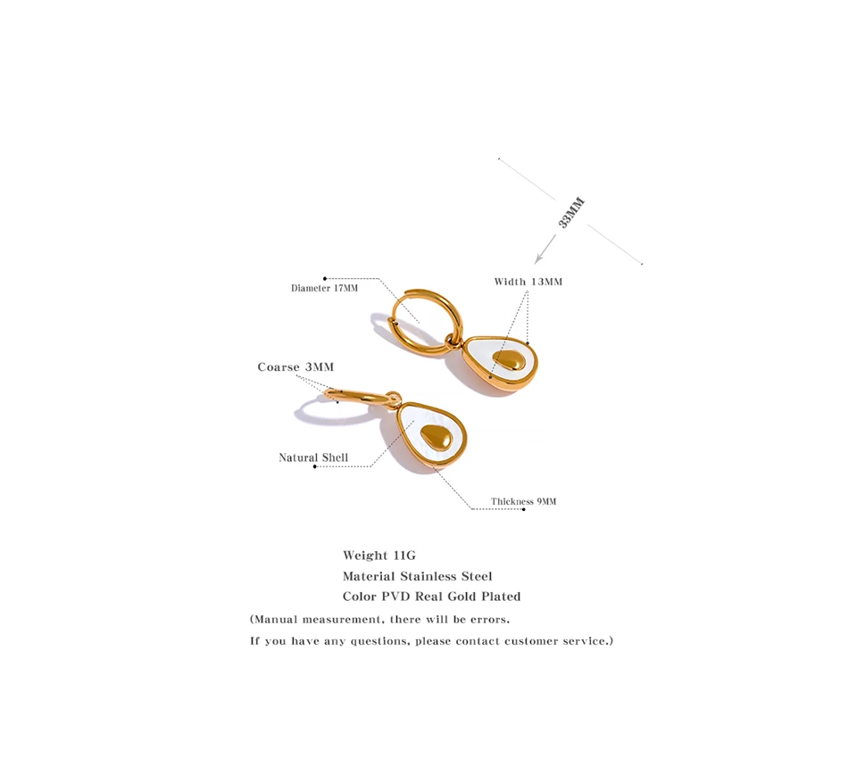 Yhpup Golden Avocado Drop Stainless Steel Fruit Huggie Hoop Earrings for Women Natural Shell Fashion Charm Cute Jewelry Gift