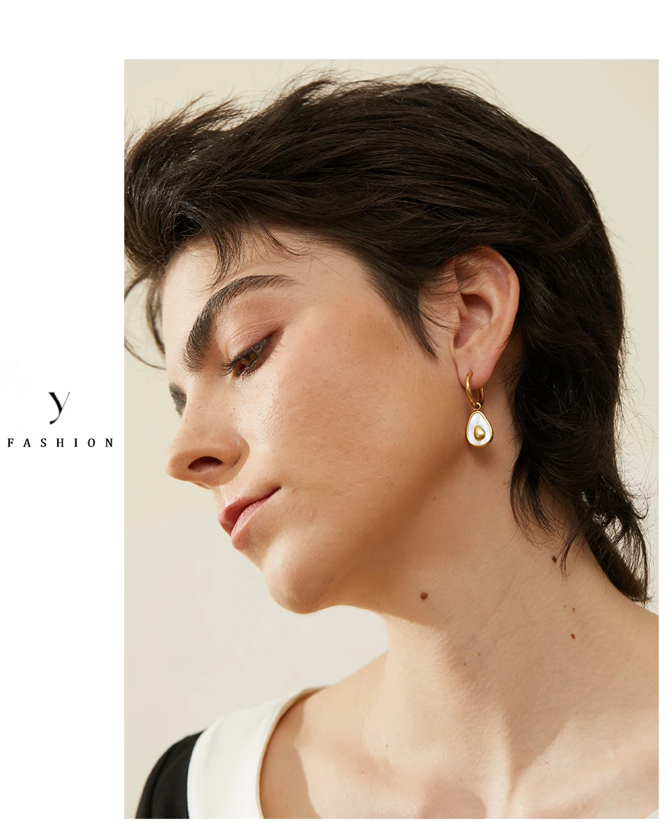 Yhpup Golden Avocado Drop Stainless Steel Fruit Huggie Hoop Earrings for Women Natural Shell Fashion Charm Cute Jewelry Gift