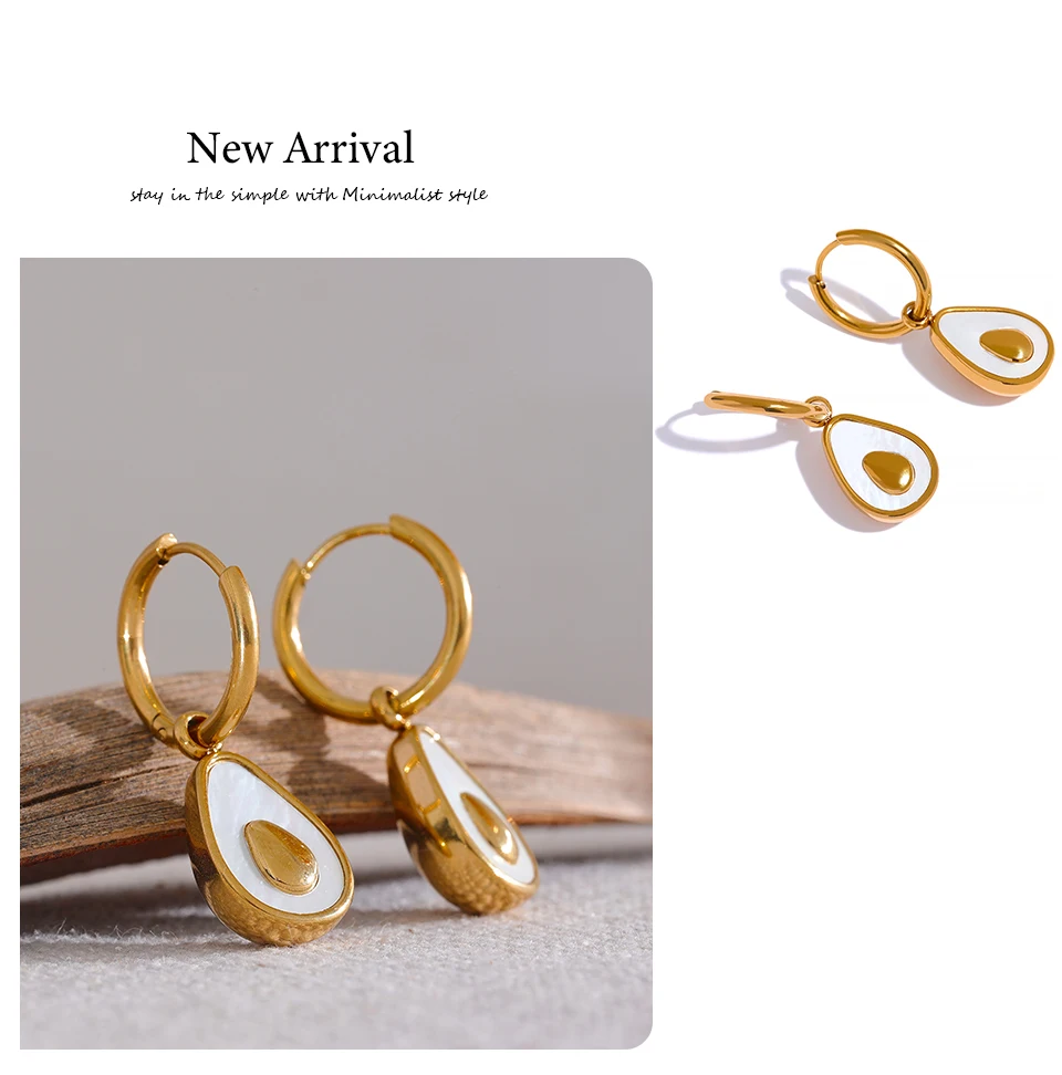 Yhpup Golden Avocado Drop Stainless Steel Fruit Huggie Hoop Earrings for Women Natural Shell Fashion Charm Cute Jewelry Gift
