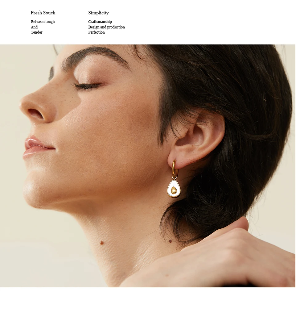 Yhpup Golden Avocado Drop Stainless Steel Fruit Huggie Hoop Earrings for Women Natural Shell Fashion Charm Cute Jewelry Gift