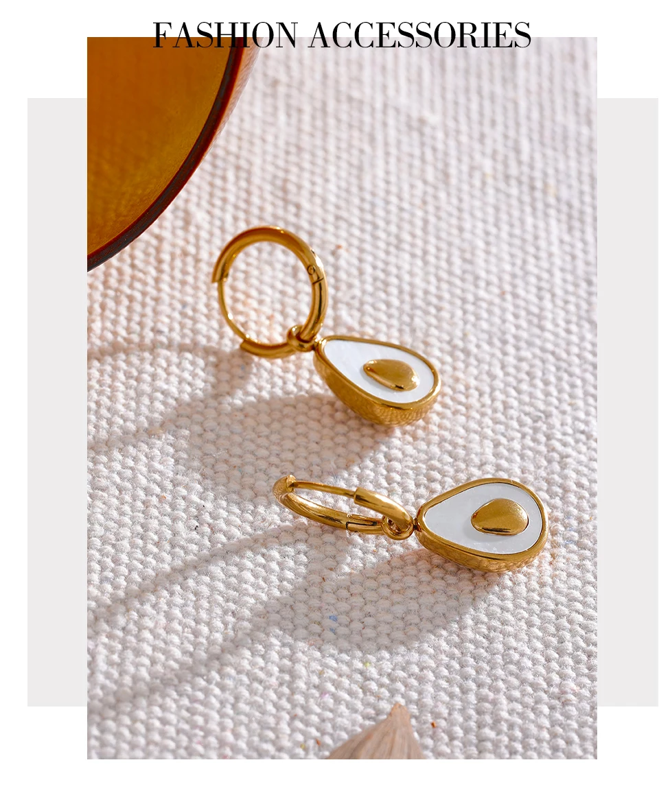 Yhpup Golden Avocado Drop Stainless Steel Fruit Huggie Hoop Earrings for Women Natural Shell Fashion Charm Cute Jewelry Gift