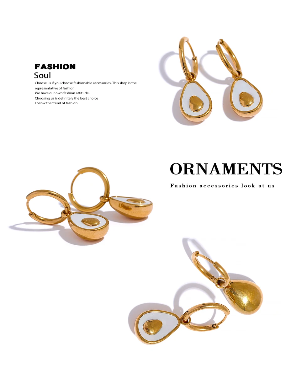 Yhpup Golden Avocado Drop Stainless Steel Fruit Huggie Hoop Earrings for Women Natural Shell Fashion Charm Cute Jewelry Gift