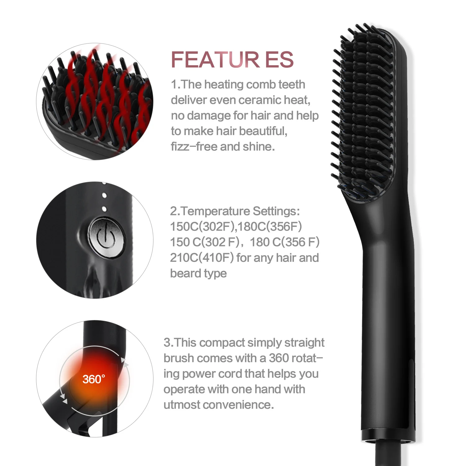 Hair Straightening Brush Hot Comb Straightener Electric Negative Ion Heating Comb For Men Beard Wet Dry Use Quick Hair Styler