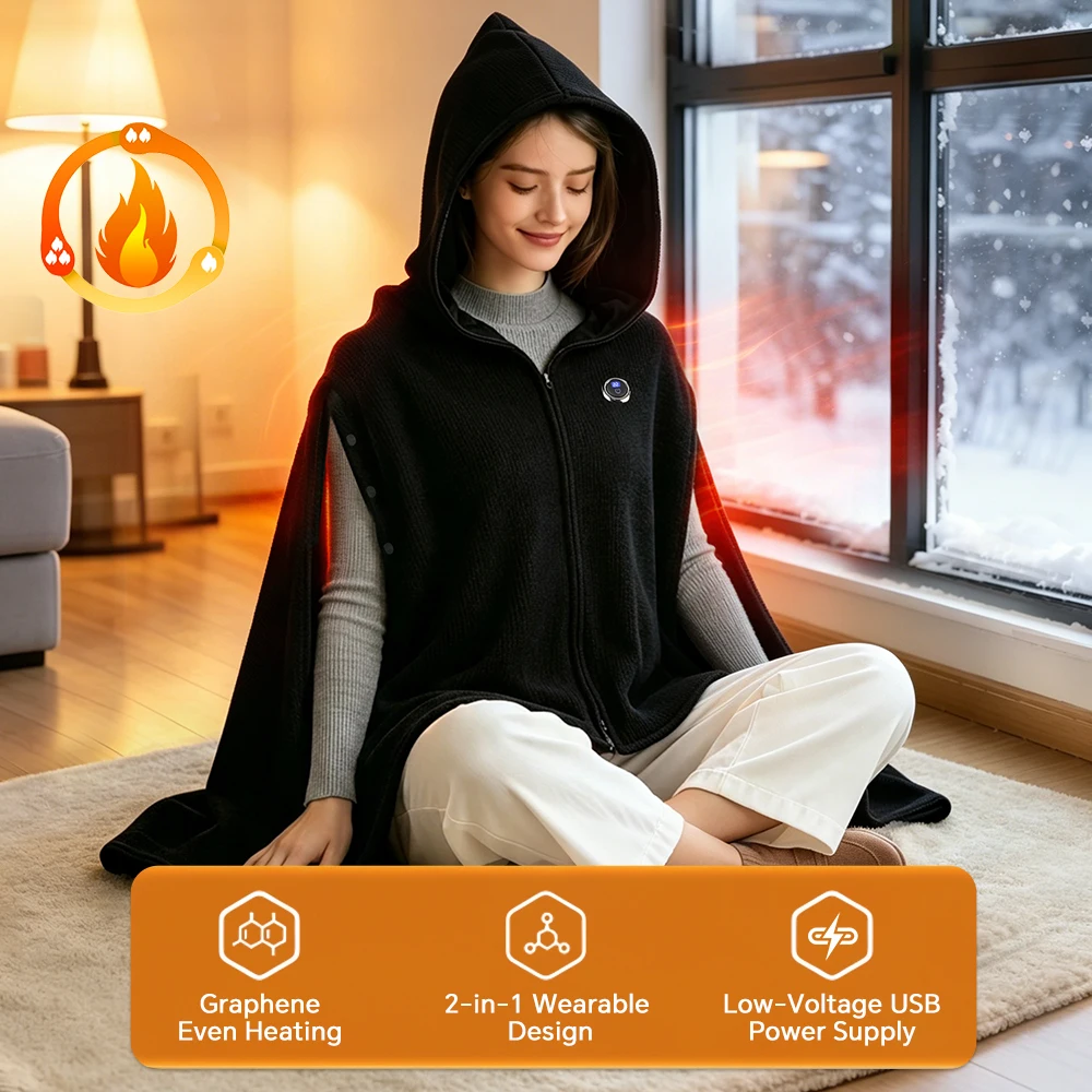 Heated Shawl Wearable Heated Blanket Graphene Heating Shawl with 3 Heat Levels Hooded Design USB Powered Portable Body Warmer