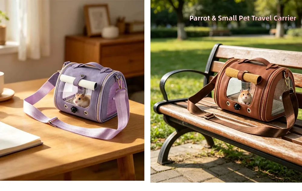 Premium Brown PU Leather Pet Travel Carrier Bag, Portable Breathable Bird Parrot Hamster Travel Handbag with Shoulder Strap