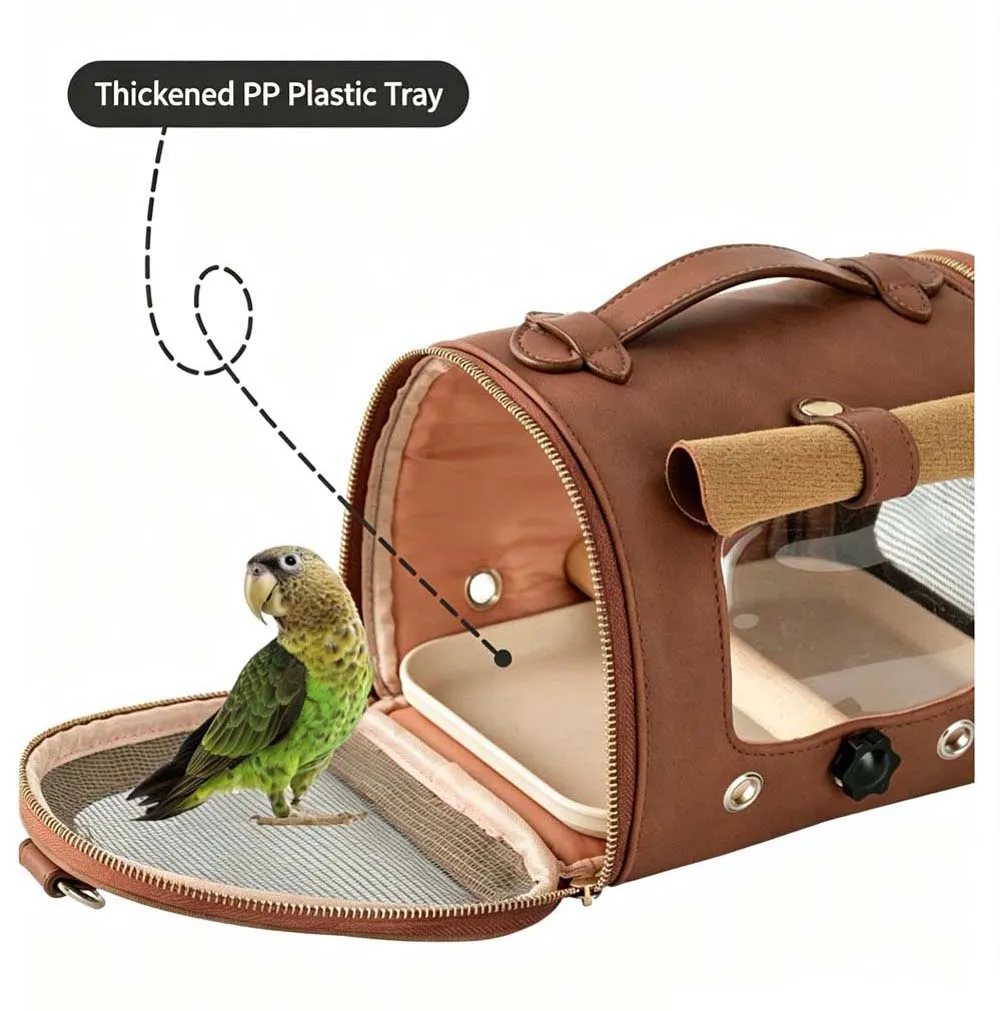 Premium Brown PU Leather Pet Travel Carrier Bag, Portable Breathable Bird Parrot Hamster Travel Handbag with Shoulder Strap