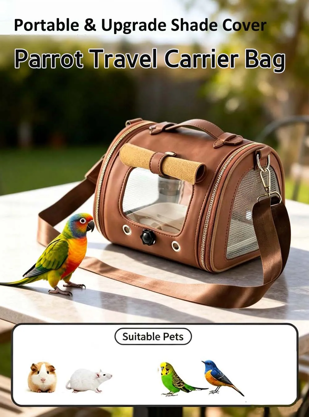 Premium Brown PU Leather Pet Travel Carrier Bag, Portable Breathable Bird Parrot Hamster Travel Handbag with Shoulder Strap