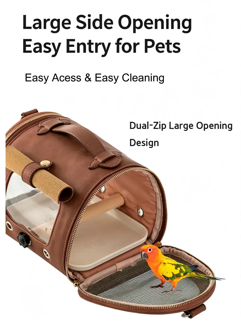 Premium Brown PU Leather Pet Travel Carrier Bag, Portable Breathable Bird Parrot Hamster Travel Handbag with Shoulder Strap