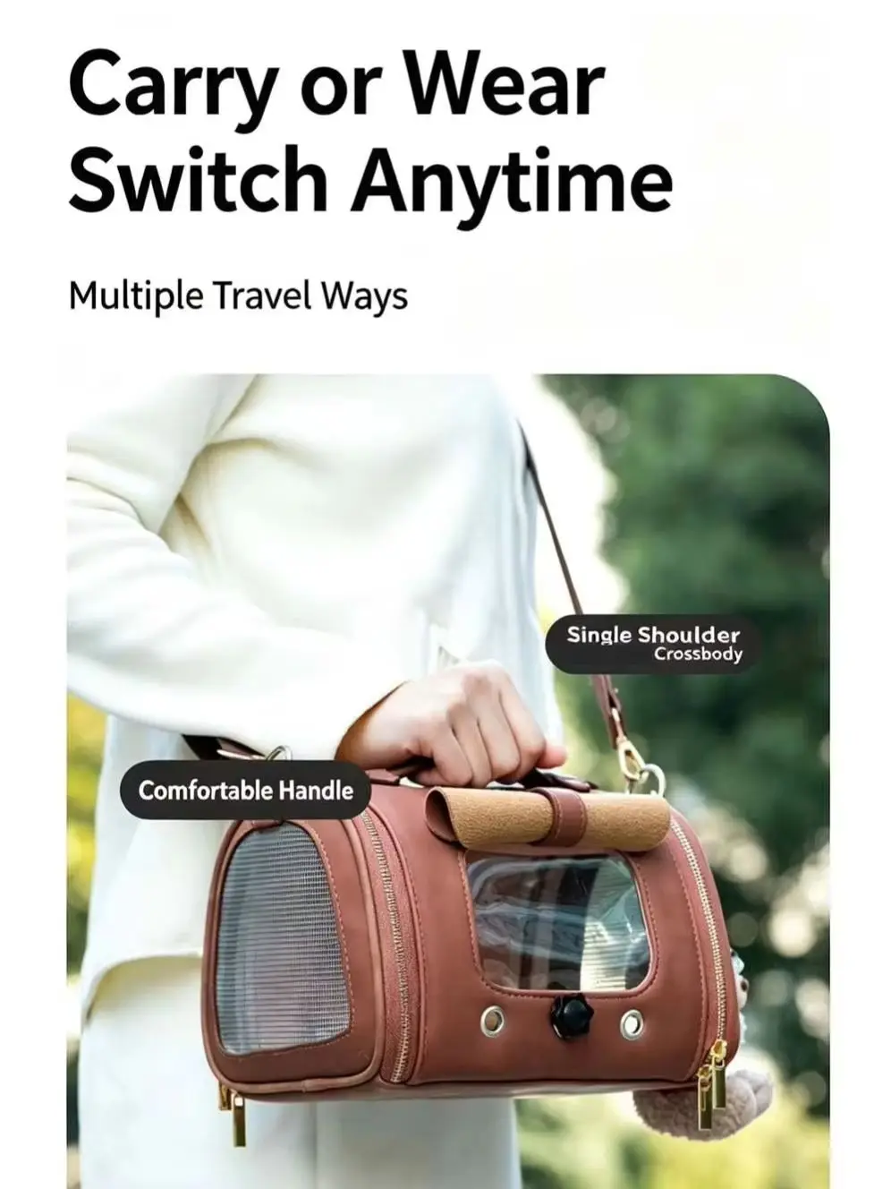 Premium Brown PU Leather Pet Travel Carrier Bag, Portable Breathable Bird Parrot Hamster Travel Handbag with Shoulder Strap