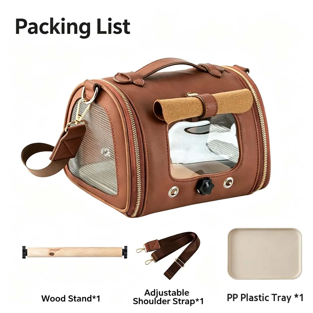 Premium Brown PU Leather Pet Travel Carrier Bag, Portable Breathable Bird Parrot Hamster Travel Handbag with Shoulder Strap