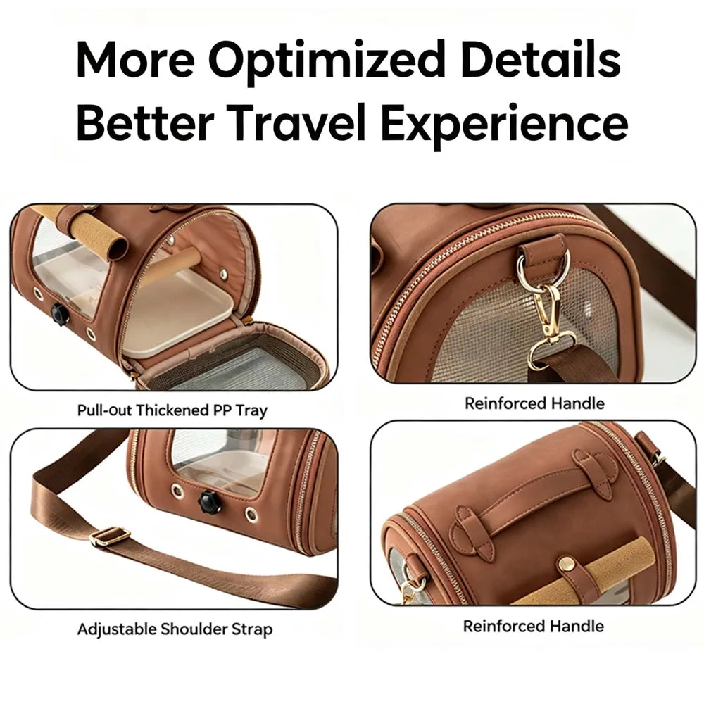 Premium Brown PU Leather Pet Travel Carrier Bag, Portable Breathable Bird Parrot Hamster Travel Handbag with Shoulder Strap