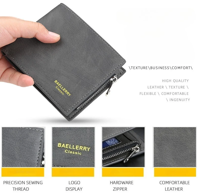 Baellerry Short Men's Wallet Leather Coin Purse Card Clips Simple Frosted Wallet with Multiple Card Slots Casual Wallet for Men