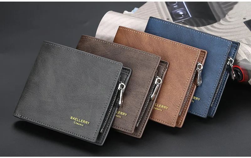 Baellerry Short Men's Wallet Leather Coin Purse Card Clips Simple Frosted Wallet with Multiple Card Slots Casual Wallet for Men