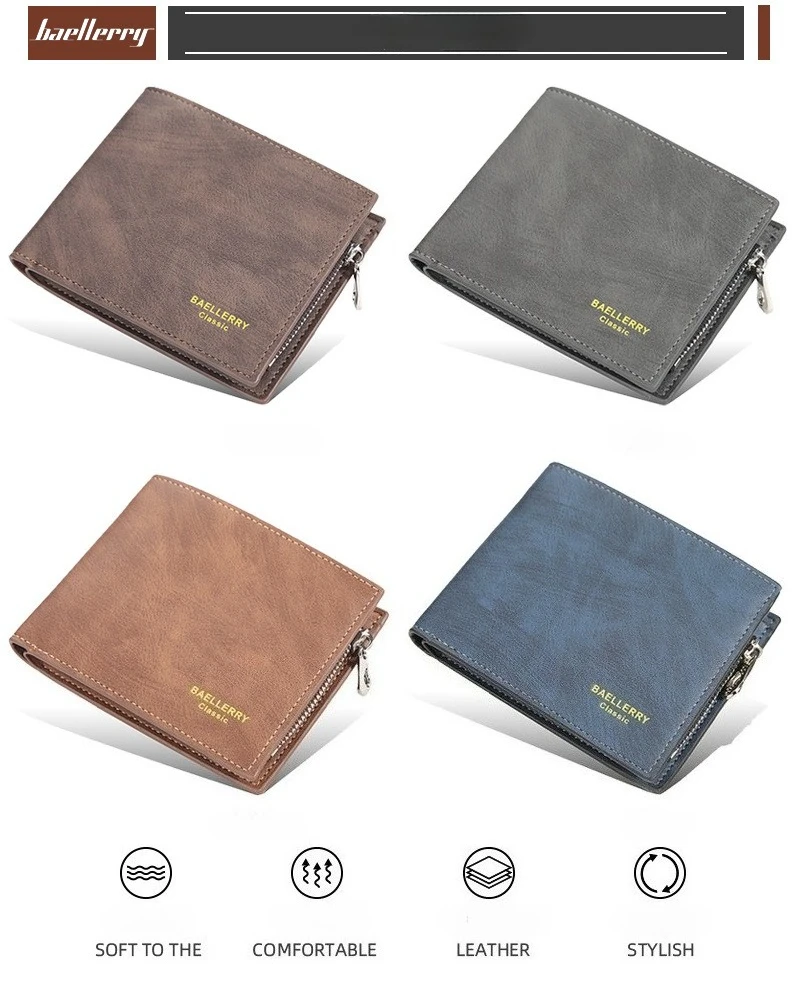 Baellerry Short Men's Wallet Leather Coin Purse Card Clips Simple Frosted Wallet with Multiple Card Slots Casual Wallet for Men