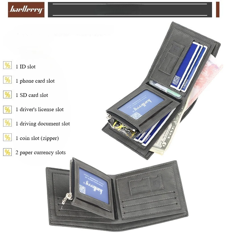 Baellerry Short Men's Wallet Leather Coin Purse Card Clips Simple Frosted Wallet with Multiple Card Slots Casual Wallet for Men