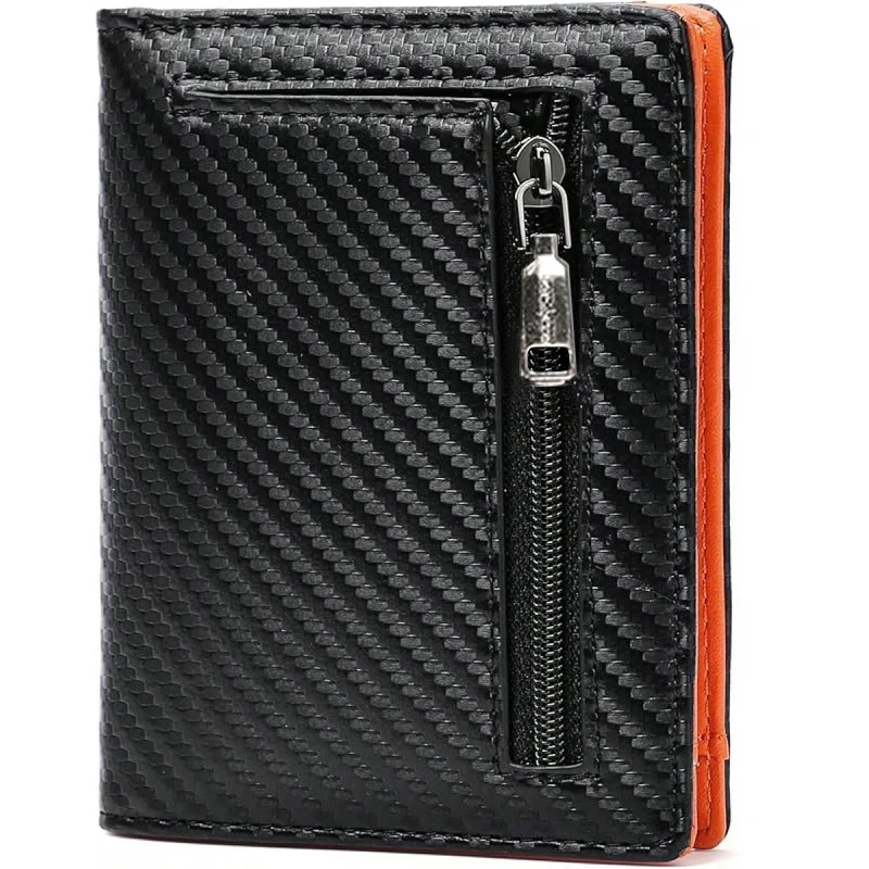 Men Carbon Fiber Wallet RFID Blocking Short Bifold Wallet Zipper Coin Pocket Card Holder Slim ID Window