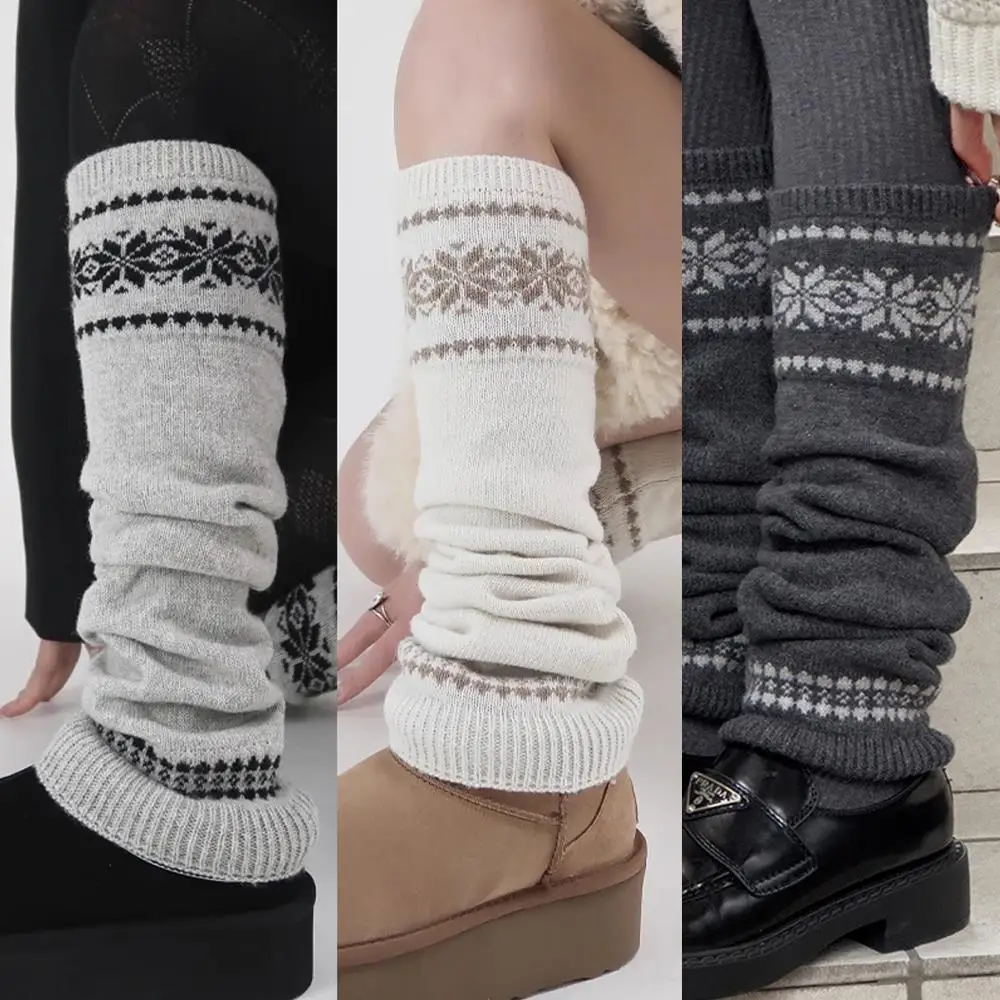 Retro INS Leg Warmer Cover Fashion Snowflake Warm Loose Socks Covers Knitted Socks Leg Warmer Autumn Knit Long Stockings