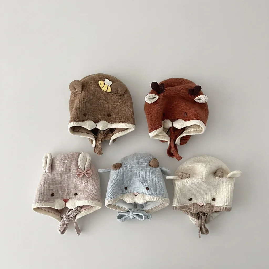 Winter Cartoon Baby Boys Girls Hats Rabbit Bear Knitted Children Ear Protection Hat Windproof Warm Soft Toddler Kids Cap