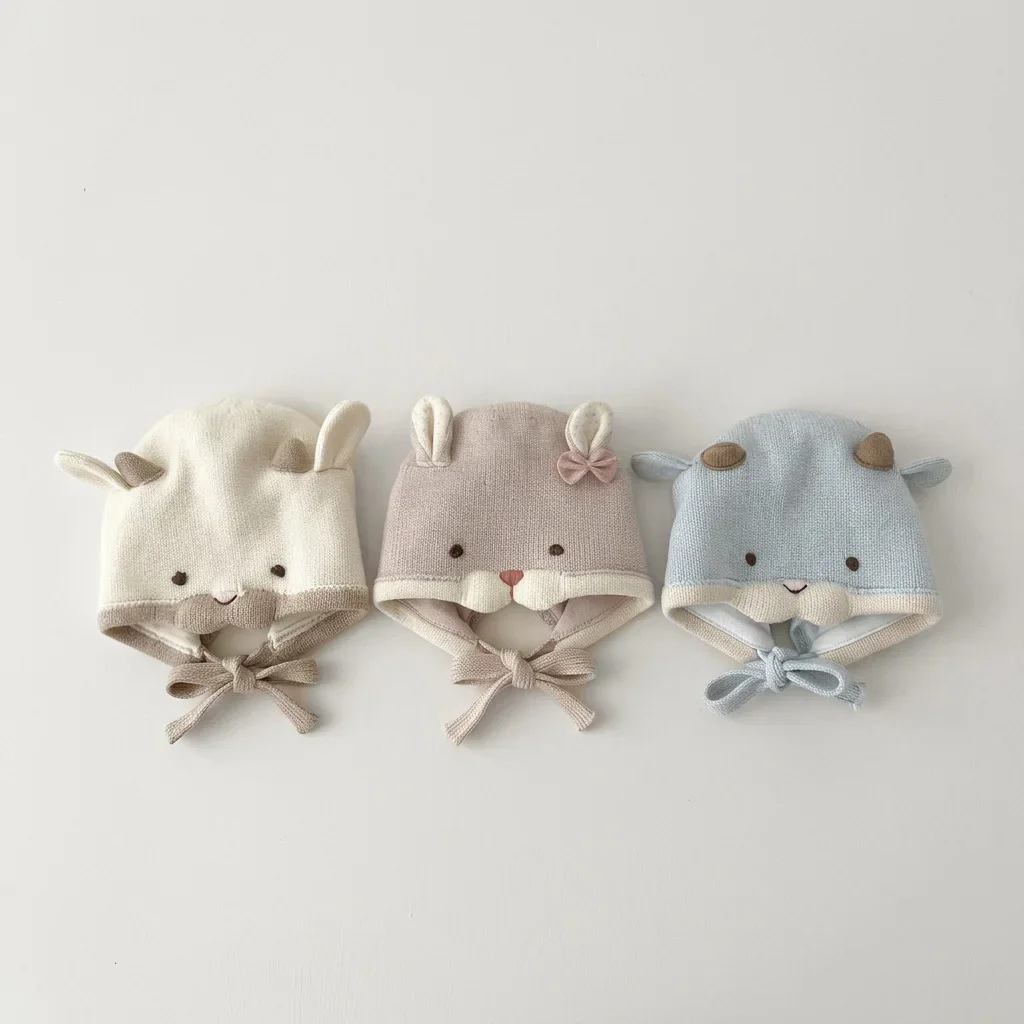 Winter Cartoon Baby Boys Girls Hats Rabbit Bear Knitted Children Ear Protection Hat Windproof Warm Soft Toddler Kids Cap