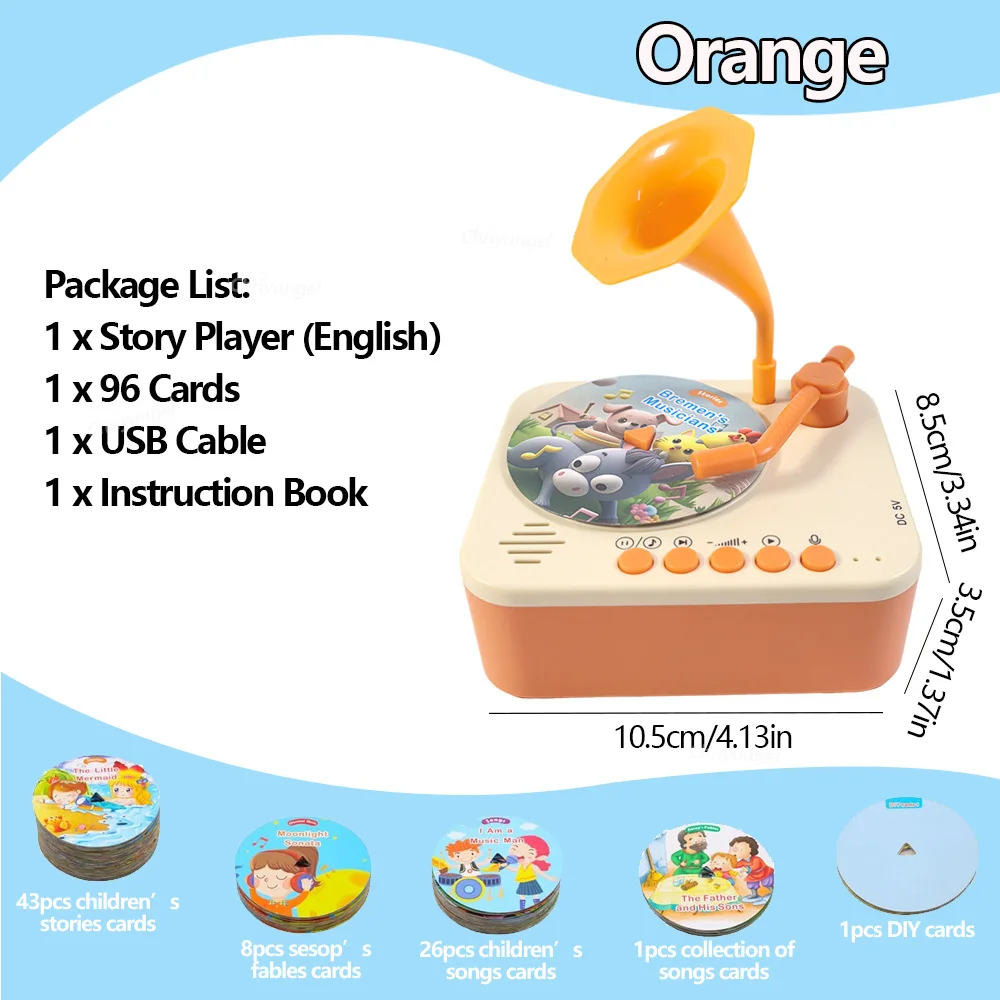 Kids Story Player Gramophone Music Toy with 93 Cards for Early Education Toddler Record Player Phonograph Learning Toys Gifts