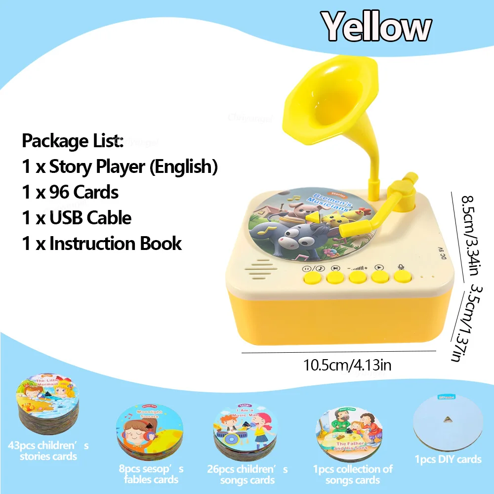 Kids Story Player Gramophone Music Toy with 93 Cards for Early Education Toddler Record Player Phonograph Learning Toys Gifts