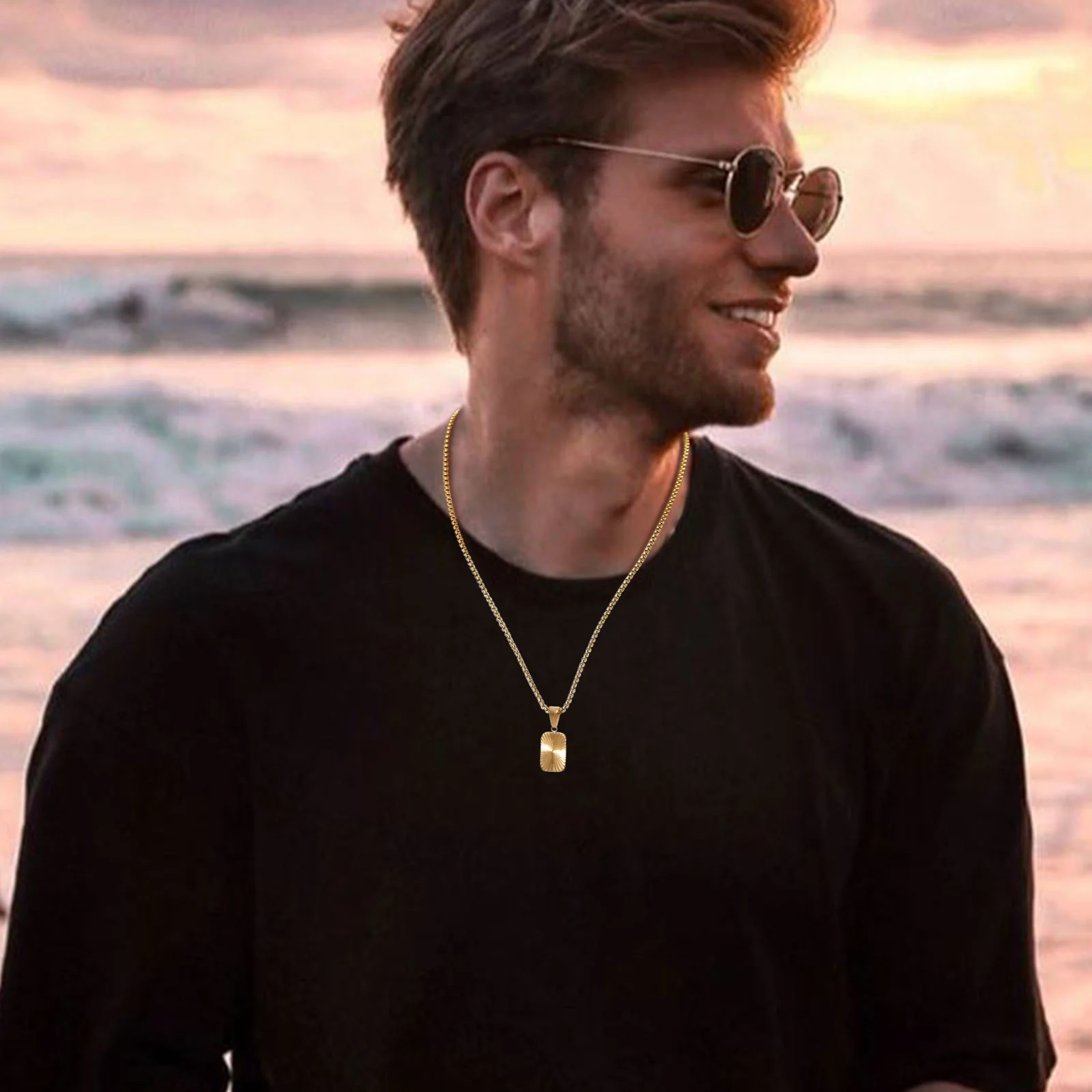 Mens Square Pendant Necklaces,Embossing Radiation Sunburst Stainless Steel Pendant Necklaces,Stylish Jewelry Gifts