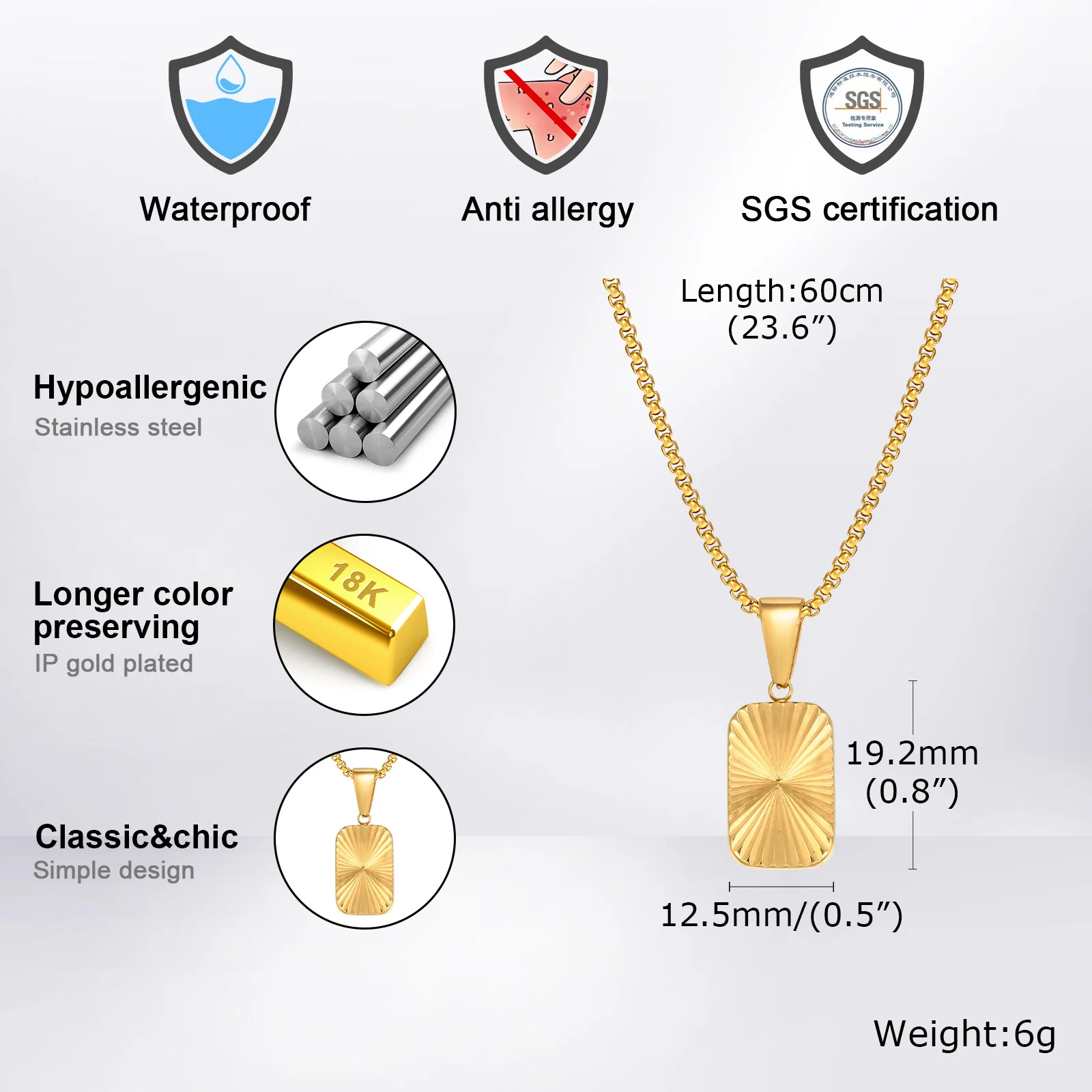 Mens Square Pendant Necklaces,Embossing Radiation Sunburst Stainless Steel Pendant Necklaces,Stylish Jewelry Gifts
