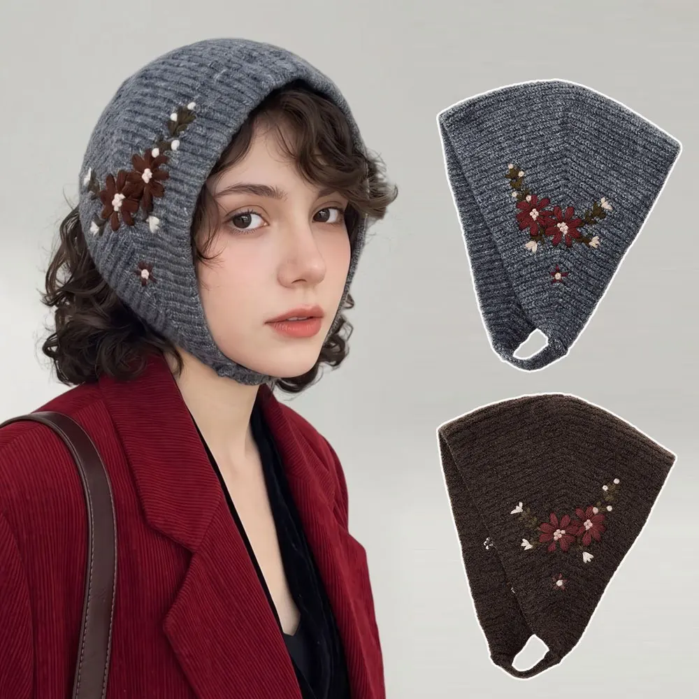 New Floral Embroidered Earflap Hat Women, Warm Knitted Winter Beanie With Full Ear Coverage, Soft Cozy Headwear For Outdoor