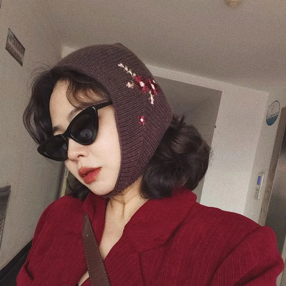 New Floral Embroidered Earflap Hat Women, Warm Knitted Winter Beanie With Full Ear Coverage, Soft Cozy Headwear For Outdoor