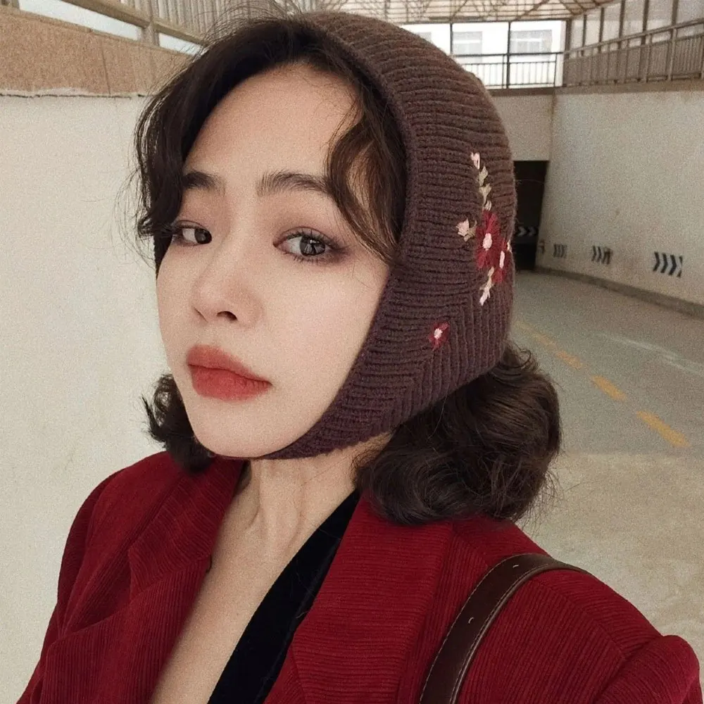 New Floral Embroidered Earflap Hat Women, Warm Knitted Winter Beanie With Full Ear Coverage, Soft Cozy Headwear For Outdoor
