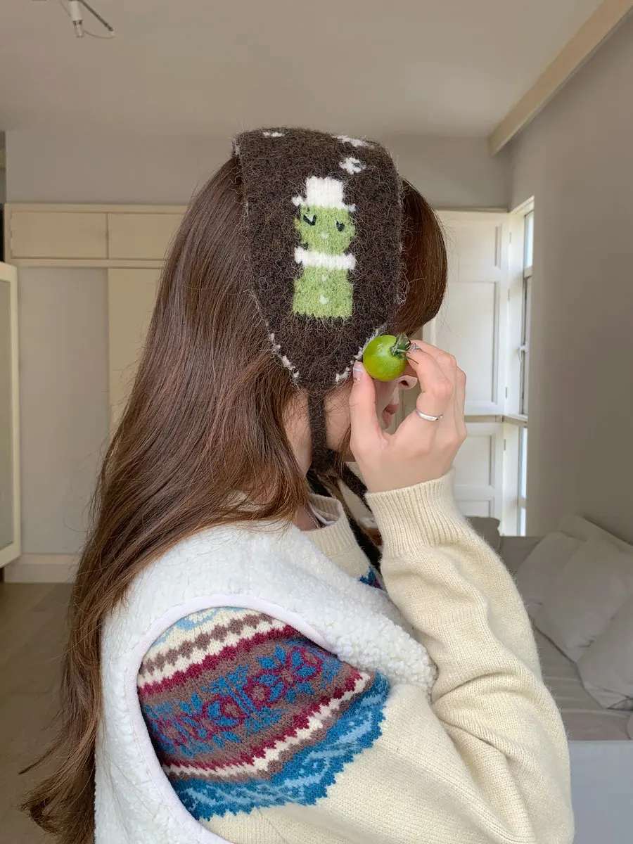 Cute Snowman Jacquard Knit Earmuffs for Women Winter Cold Protection Plush Ear Warmers Korean Style Windproof Strap Ear Muffs