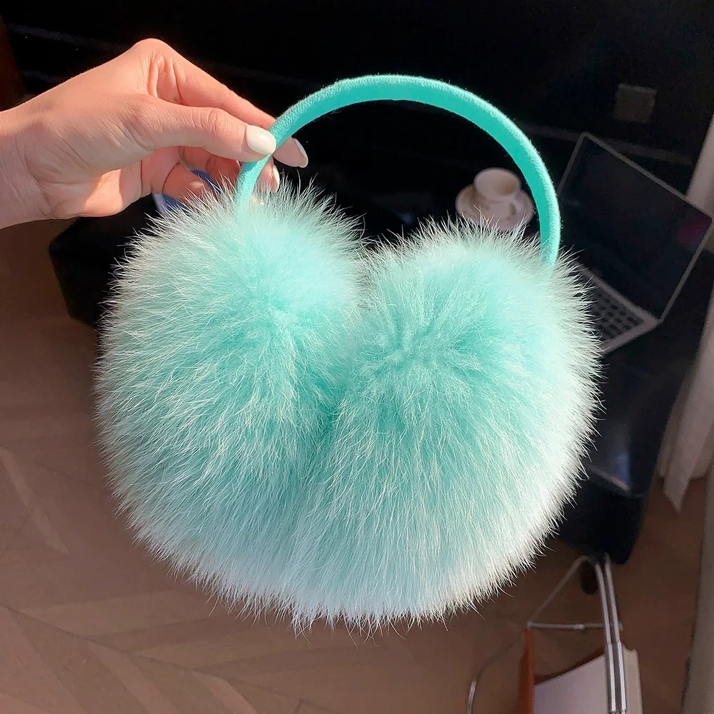 2027 New Winter Natural Real Fox Fur Earmuffs Plush Warm Decorate Women Cute Solid Ear Warmer Headphones Neck Warm Bib Scarf