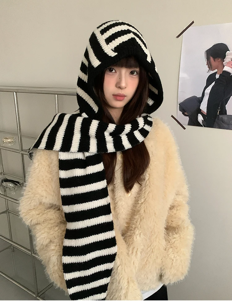 Woolen Korean Style Black And White Striped Knitted Balaclava For Women Winter Warm Ear Protection Hat Scarf One Piece