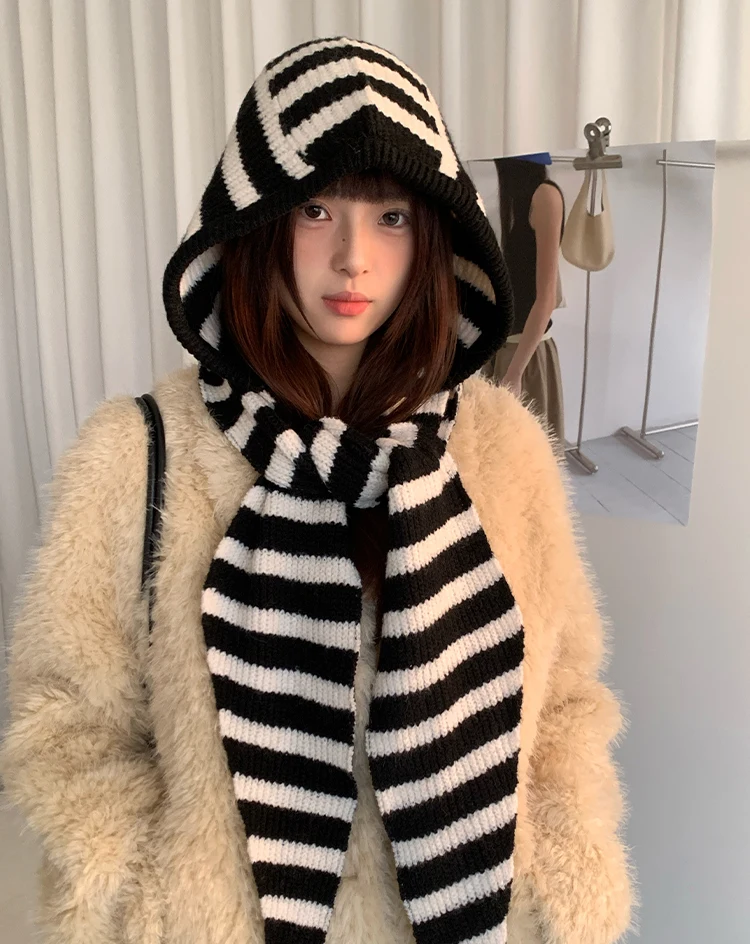 Woolen Korean Style Black And White Striped Knitted Balaclava For Women Winter Warm Ear Protection Hat Scarf One Piece