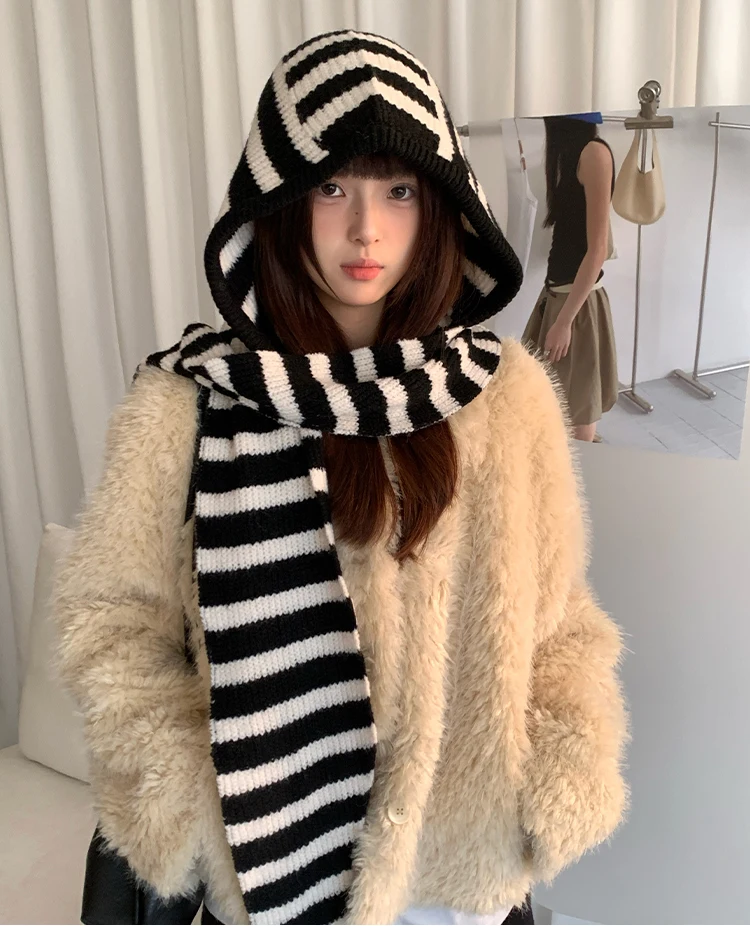 Woolen Korean Style Black And White Striped Knitted Balaclava For Women Winter Warm Ear Protection Hat Scarf One Piece